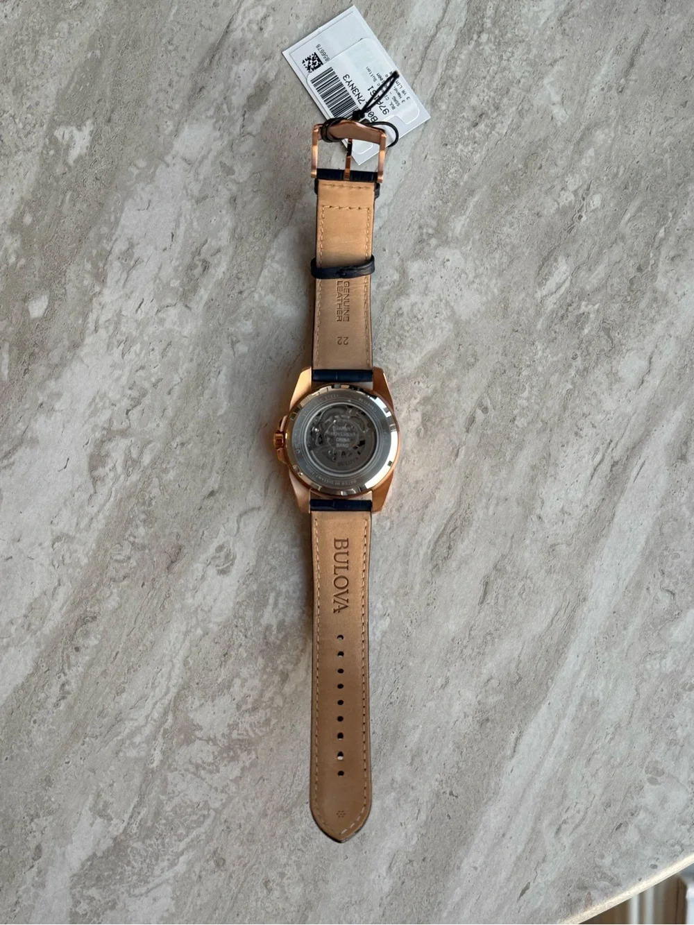 Bulova Rose Gold Case with Blue Leather Accents Watch